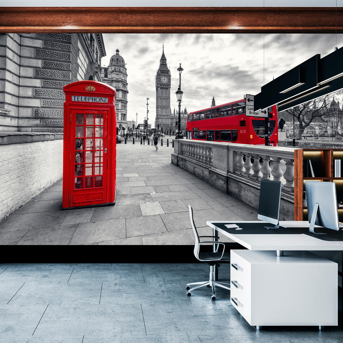 FOTOTAPETE für Wohnzimmer Rote Telefonzelle London Monument BIG BEN Bus 250x175 - Rot/Weiß, Papier (250/175cm) - Muralo