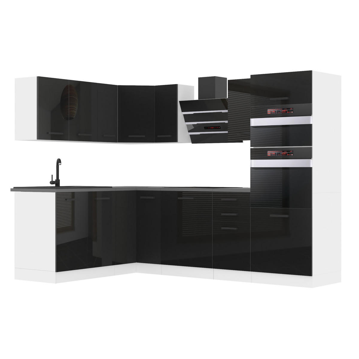 KÜCHE L-Form MELANIE ohne Arbeitsplatten, Schwarz Hochglanz - Schwarz Hochglanz, Holz (360/204/60cm) - B BELINI GROUP