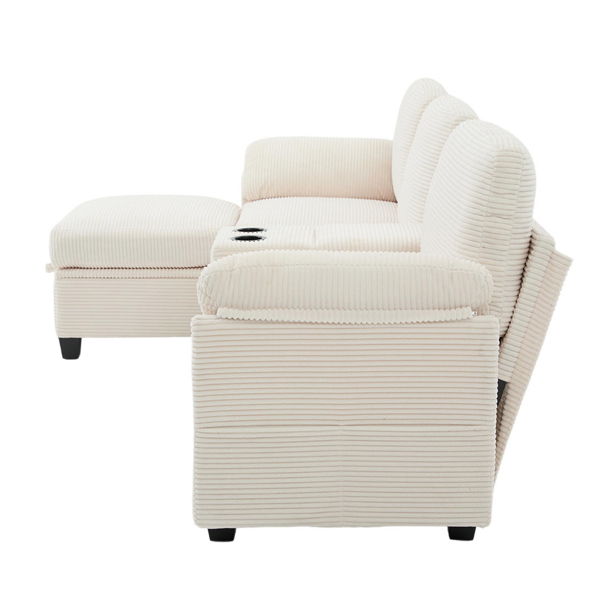 ECKSOFA aus Cord 266x136x82 cm Beige mit USB-C, verschiebbarer Mittelkonsole und Stauraumhocker - Beige, Textil (136/266cm) - Modfu