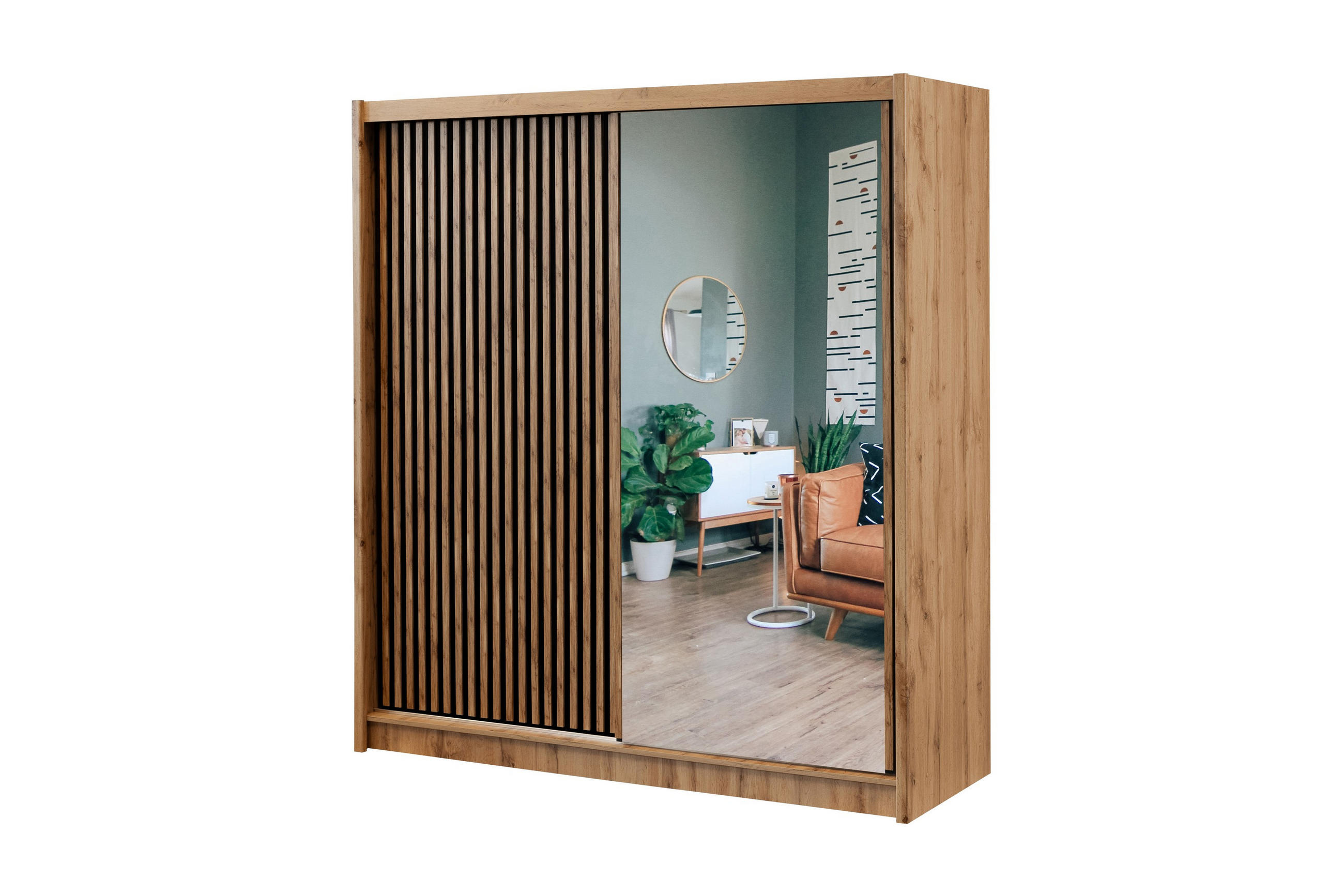 SCHWEBETÜRENSCHRANK DRAVEN 203/215/60,5 cm 2-türig mit Spiegel Eiche Wotan - Eiche Wotan/Schwarz, Holzwerkstoff (203/215/60.5cm) - MASSENO
