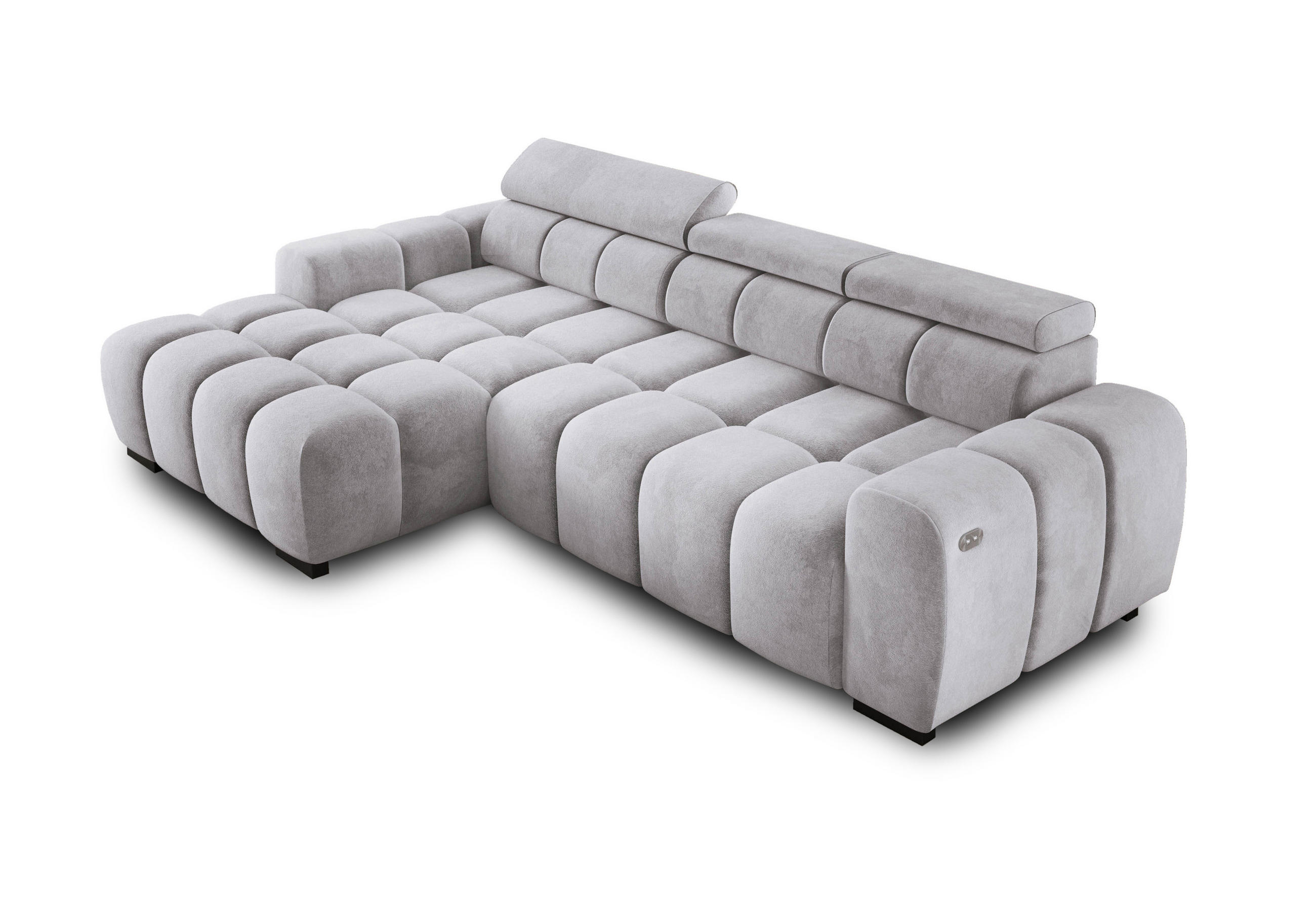 ECKSOFA OMBO 285x168x77/97 cm, Links, Schlaffunktion, elektr. Sitz, Kopfstützen, Buche dunkel, hydrophober SALVADOR-Stoff – Silber - Hellgrau, Holz/Textil (168/285cm) - DomoHome
