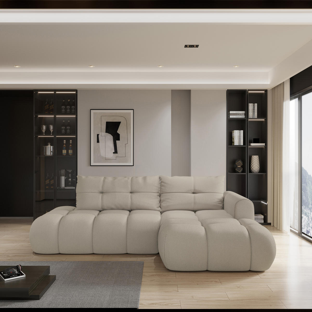 ECKSOFA FLUMA R-S Beige Geflochtener Stoff mit Schlaffunktion - Beige, Holz (279/158cm) - MASSENO