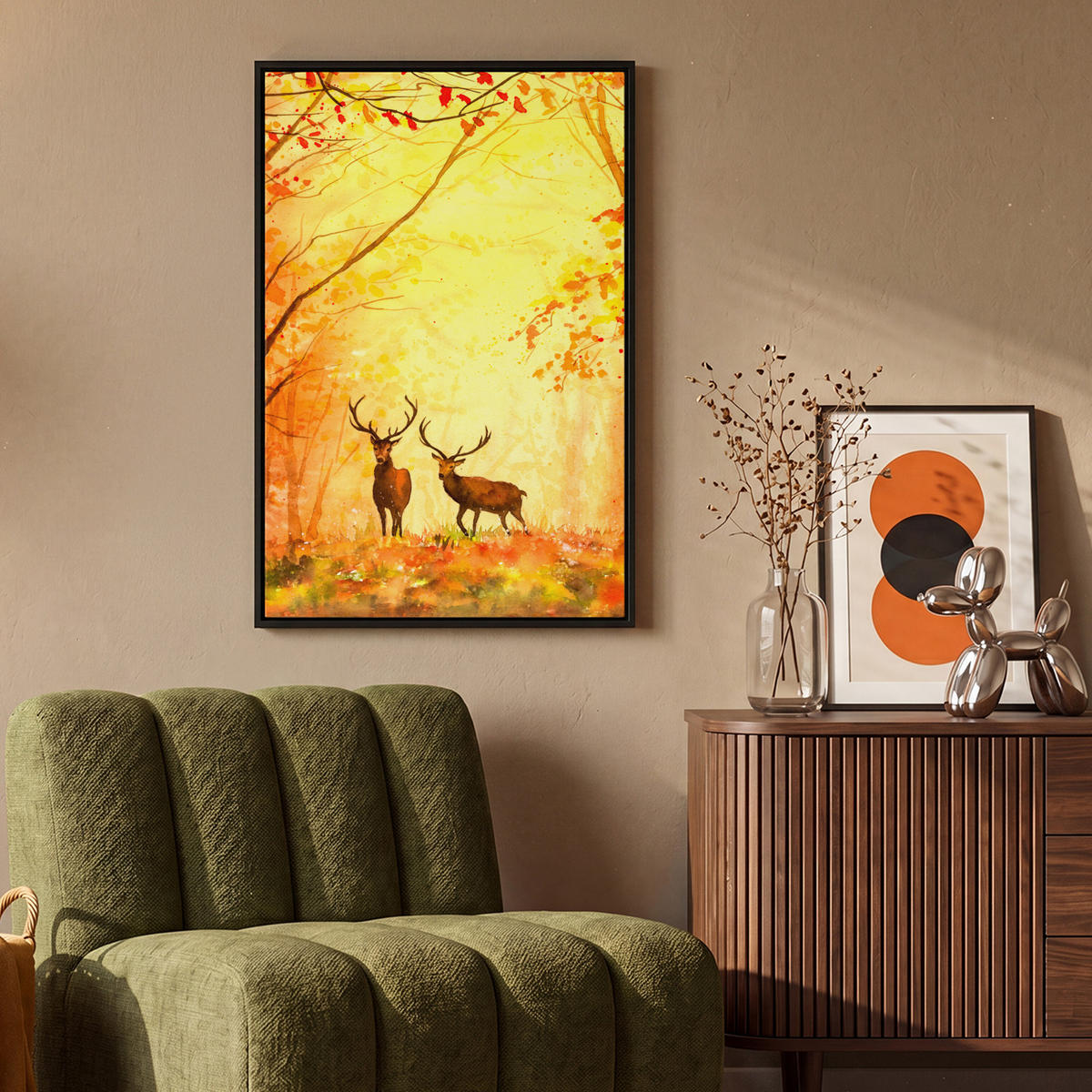LEINWAND Bilder mit Rahmen - Natur - Ölfarbe - Hirsche - Tiere - Herbst - Orange - 60x90 - Orange, Textil (60/90cm) - MuchoWow