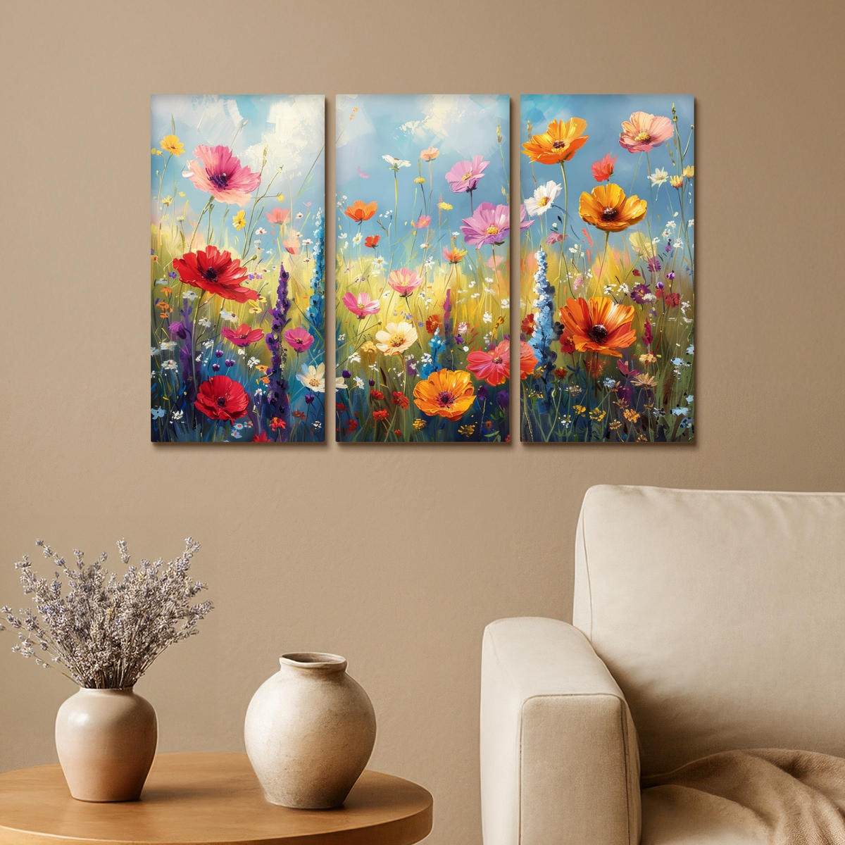 LEINWANDBILD 3er Set Blumen - Frühling - Farbenfroh - Sommerlich 60x40 cm - Orange, Textil (60/40cm) - MuchoWow