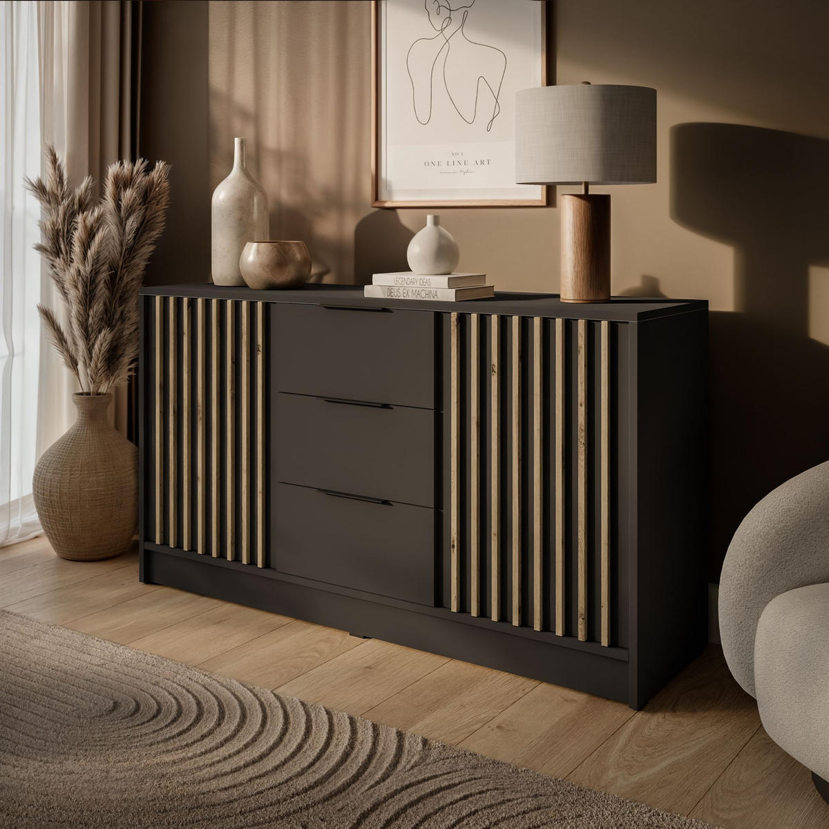 KOMMODE NELA, zweitürig mit Lamellen, Graphit/Artisan - Graphitfarben, Holzwerkstoff (155/86/45cm) - Lookway