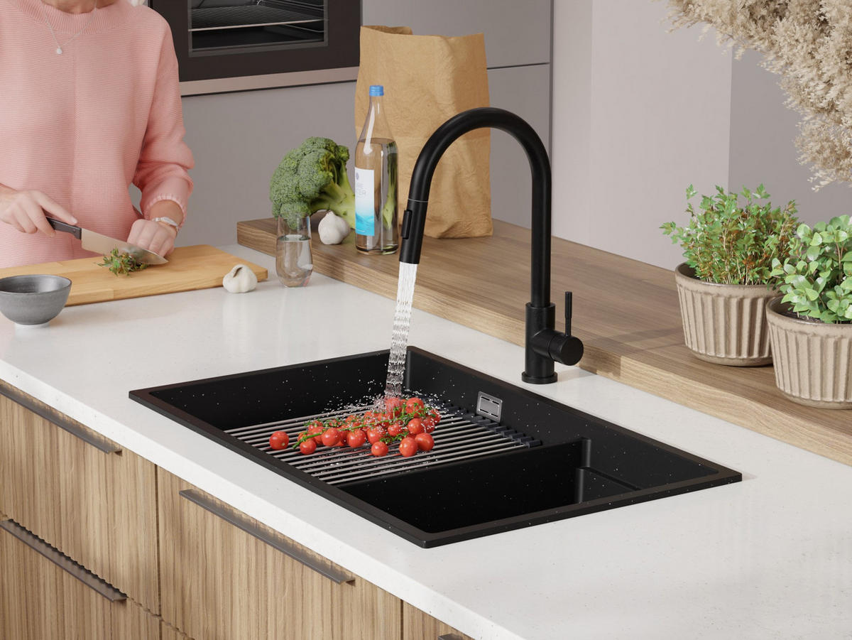 SPÜLBECKEN Praga Slim Duo, 2-er set Schwarz Metallic 76/47 cm 2 Becken + Ablauf-Set + Aufrollbare Abtropffläche ab 80er Unterschrank - Chromfarben/Schwarz Hochglanz, Kunststoff (76/20/47cm) - Primagran