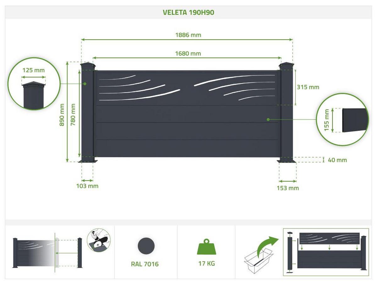 VORGARTENZAUN 2er-Set Veleta grau 1,9m H.90cm aluminium - Grau, Metall (378/89cm) - Casanoov