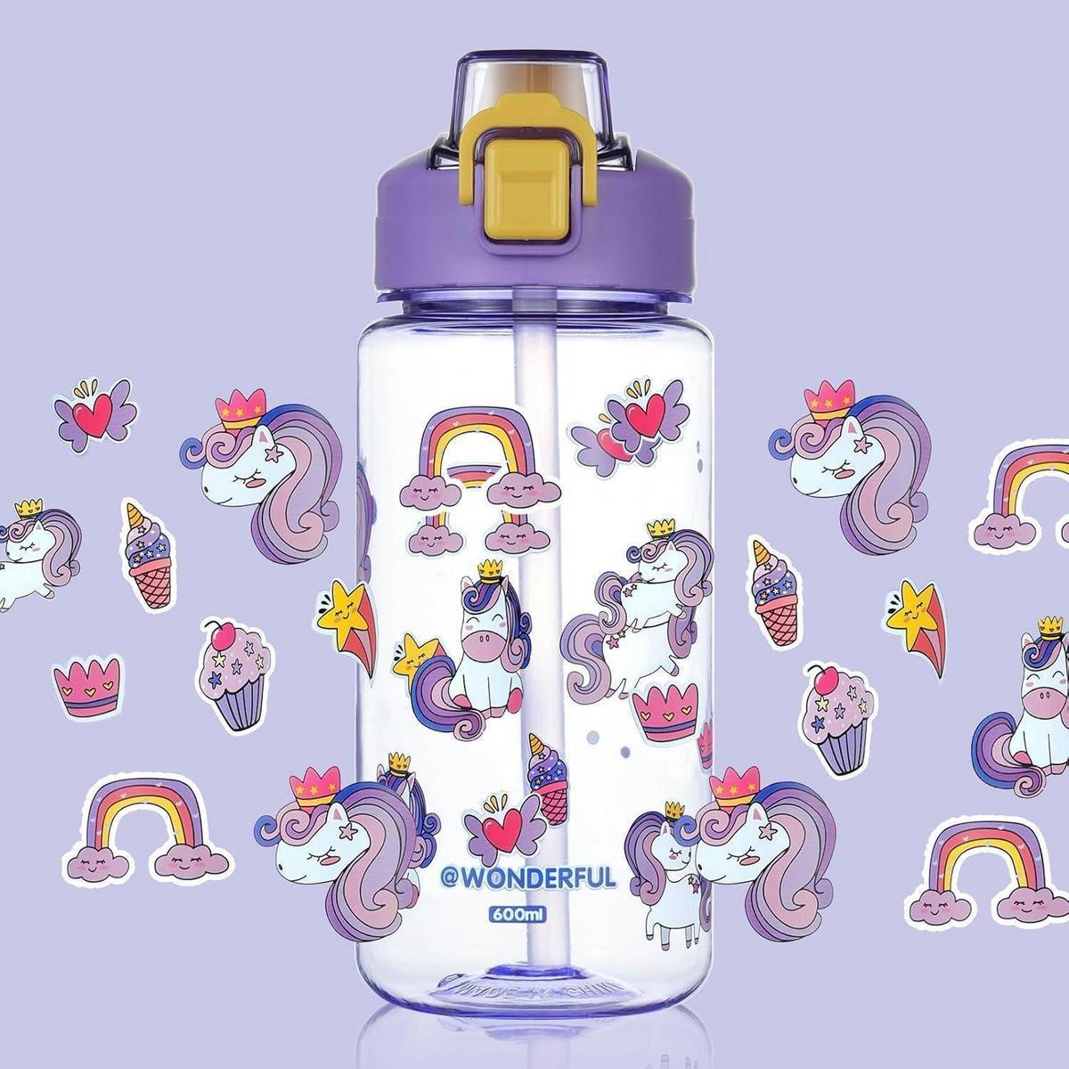 TRINKFLASCHE Kinder 600 ml mit Strohhalm Lila Einhorn - Lila, Kunststoff (10.8/10.8cm)