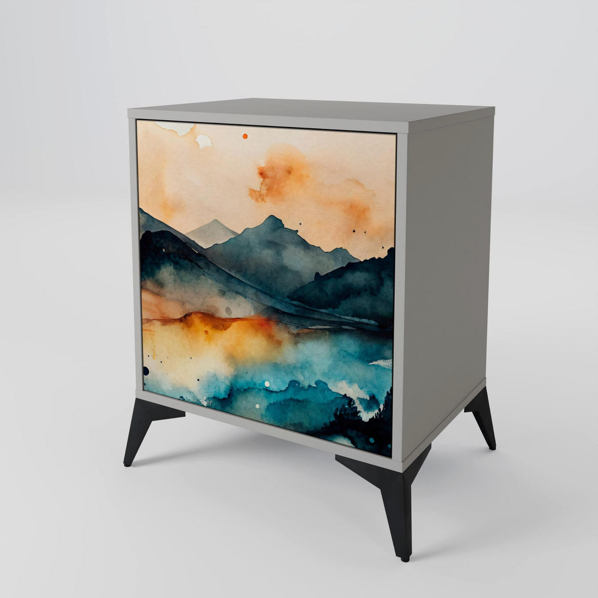 SIDEBOARD OMINOUS MOUNTAINS, Grau, 57,5x42x75,5 cm, Goldfarbene Metallfüße - Goldfarben/Multicolor, Holzwerkstoff/Metall (57.5/75.5/42cm) - SpaceRebels