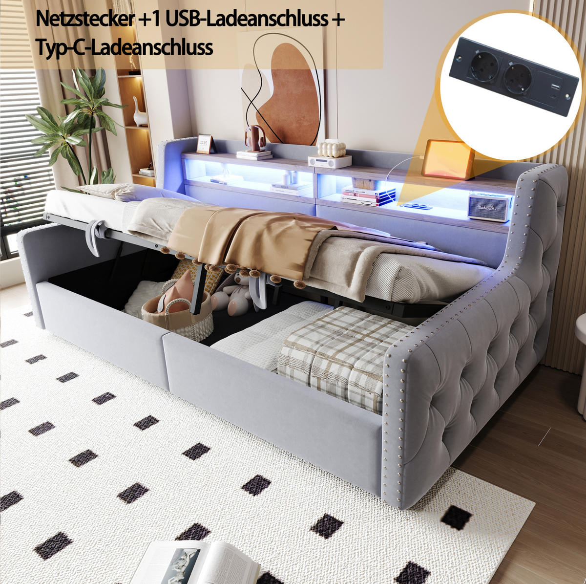 POLSTERBETT 90/200 cm aus Samt mit LED-Beleuchtung, Hellgrau - Hellgrau, Textil (90/200cm) - OKMYHOME