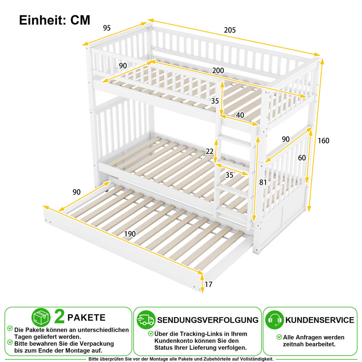 ETAGENBETT 90/200 cm & 90/190 cm in Weiß mit Ausziehbett und Treppe aus Kiefernholz - Weiß, Holz/Holzwerkstoff (90/200cm) - CHICFURN