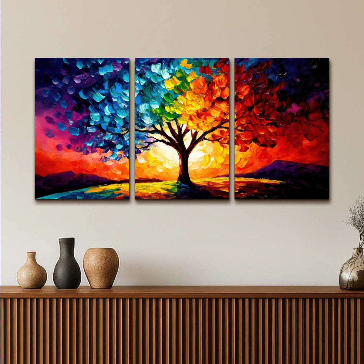 LEINWANDBILD 3er Set Baum - Farbenfroh - Malerei-Look - Abstrakt 120x60 cm - Multicolor, Textil (120/60cm) - MuchoWow
