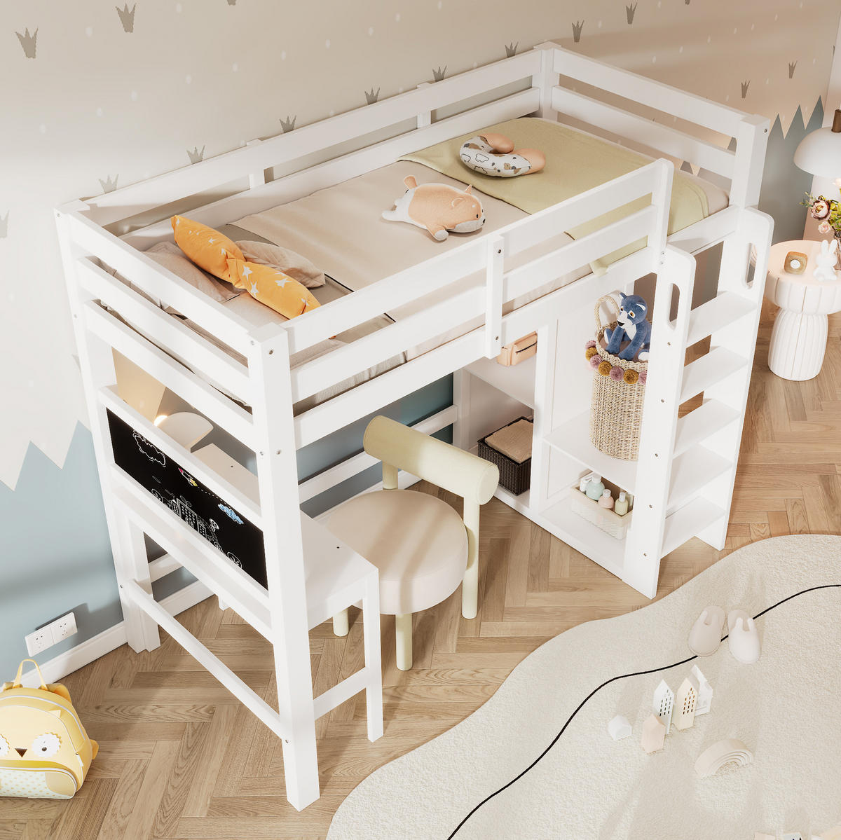 HOCHBETT mit Schreibtisch 90/200 cm in Weiß – mit Kleiderschrank und Rausfallschutz - Weiß, Holzwerkstoff (90/200cm) - BEAOK