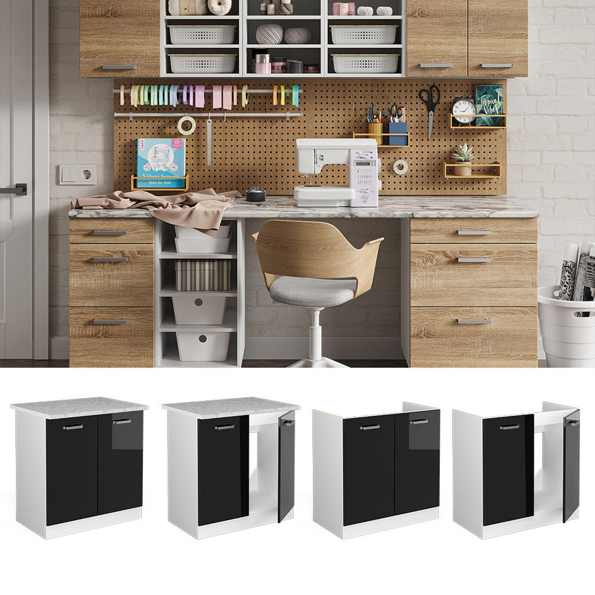 SPÜLENUNTERSCHRANK R-Line Schwarz Hochglanz 80 cm mit Türen, mit Arbeitsplatte - Schwarz Hochglanz/Weiß, Holzwerkstoff (80/81.6/60cm) - Vicco