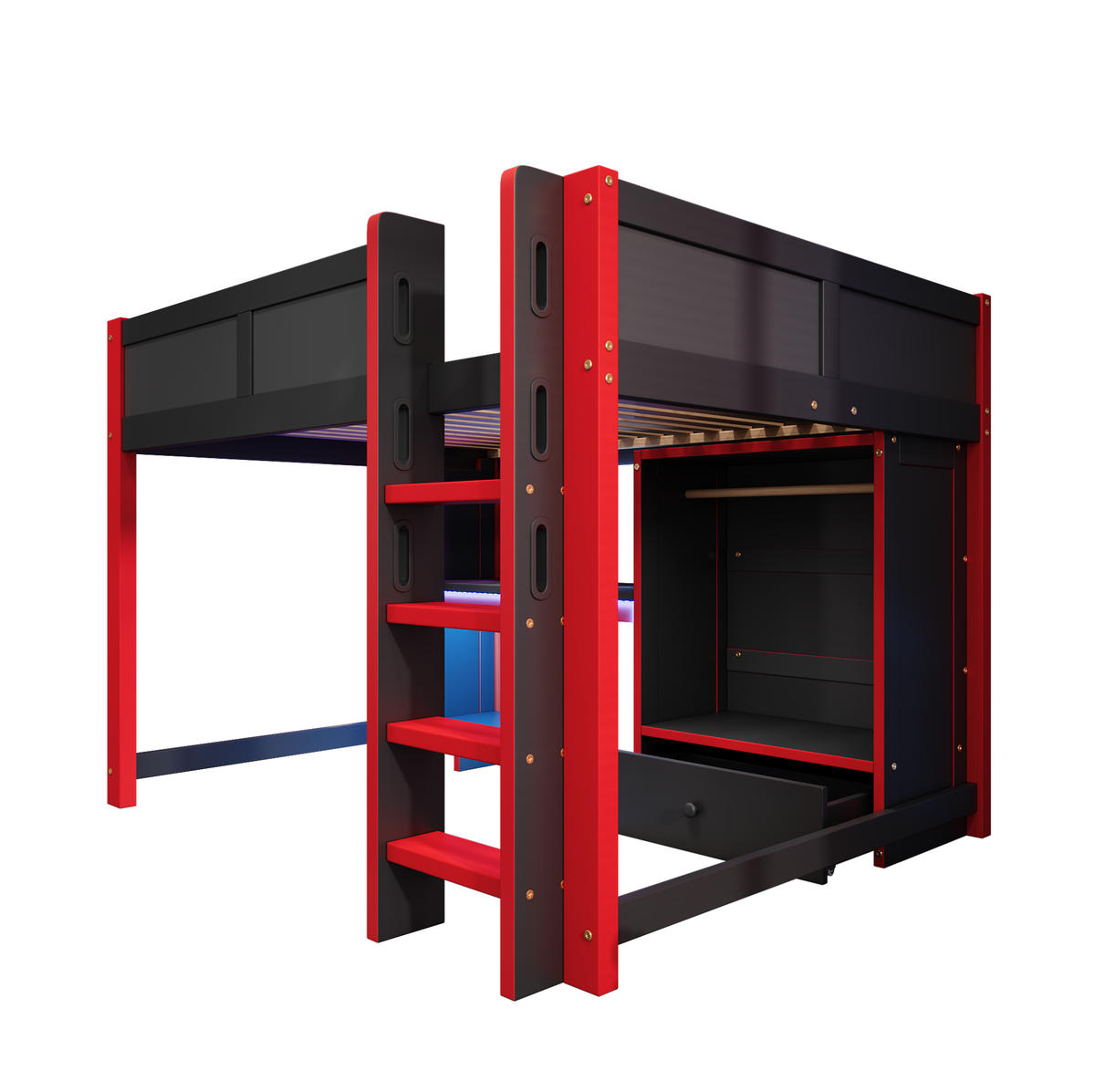 HOCHBETT 140/200 cm aus Kiefer mit Schreibtisch und LED-Beleuchtung Schwarz/Rot - Schwarz, Holz (140/200cm) - Modenvie