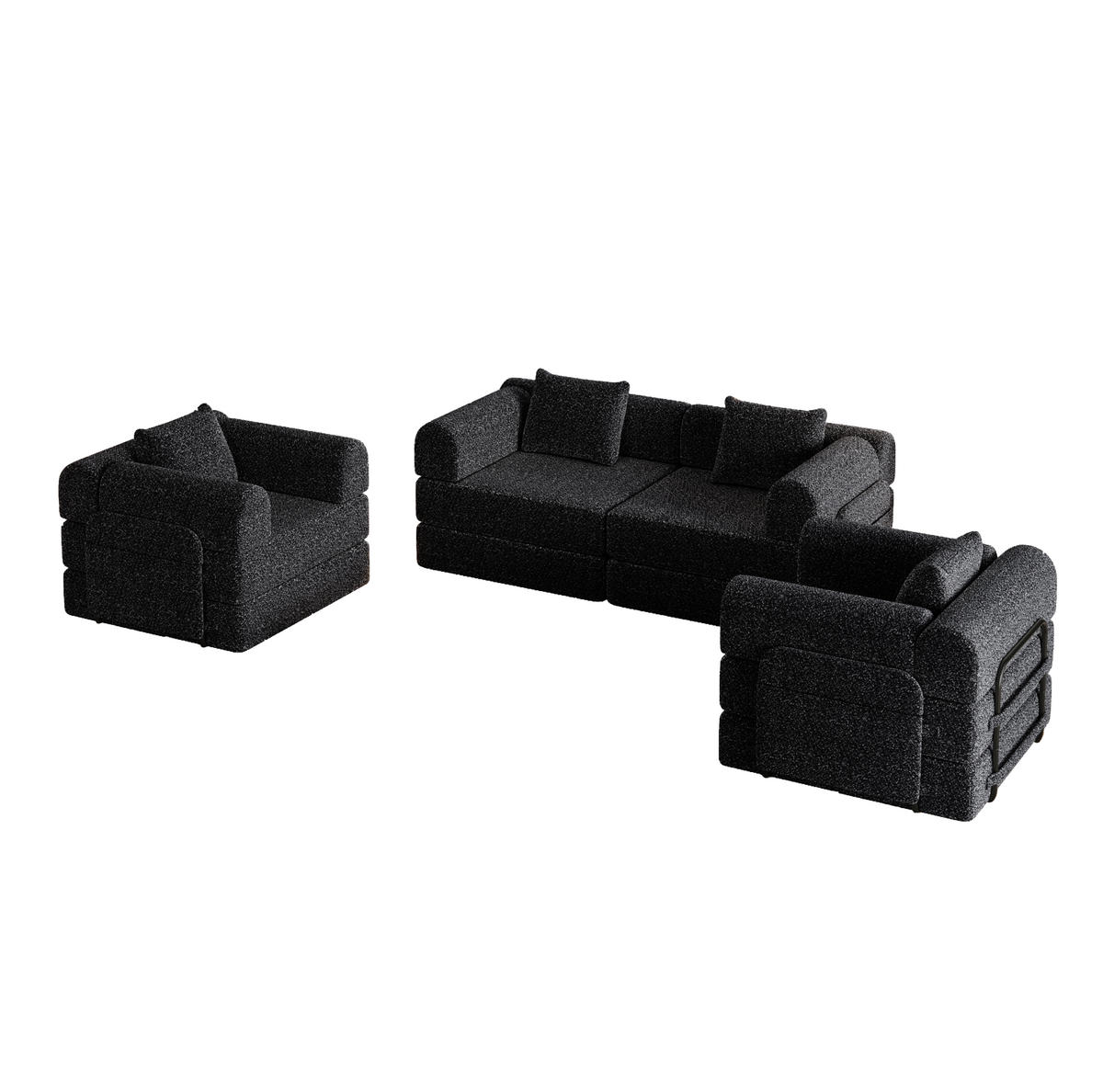 SITZGARNITUR 2-in-1 mit Armlehnen-Ablagefach Chenille Schwarz 200/90/85 cm - Schwarz, Textil (181.6/49.5/94cm) - OKWISH