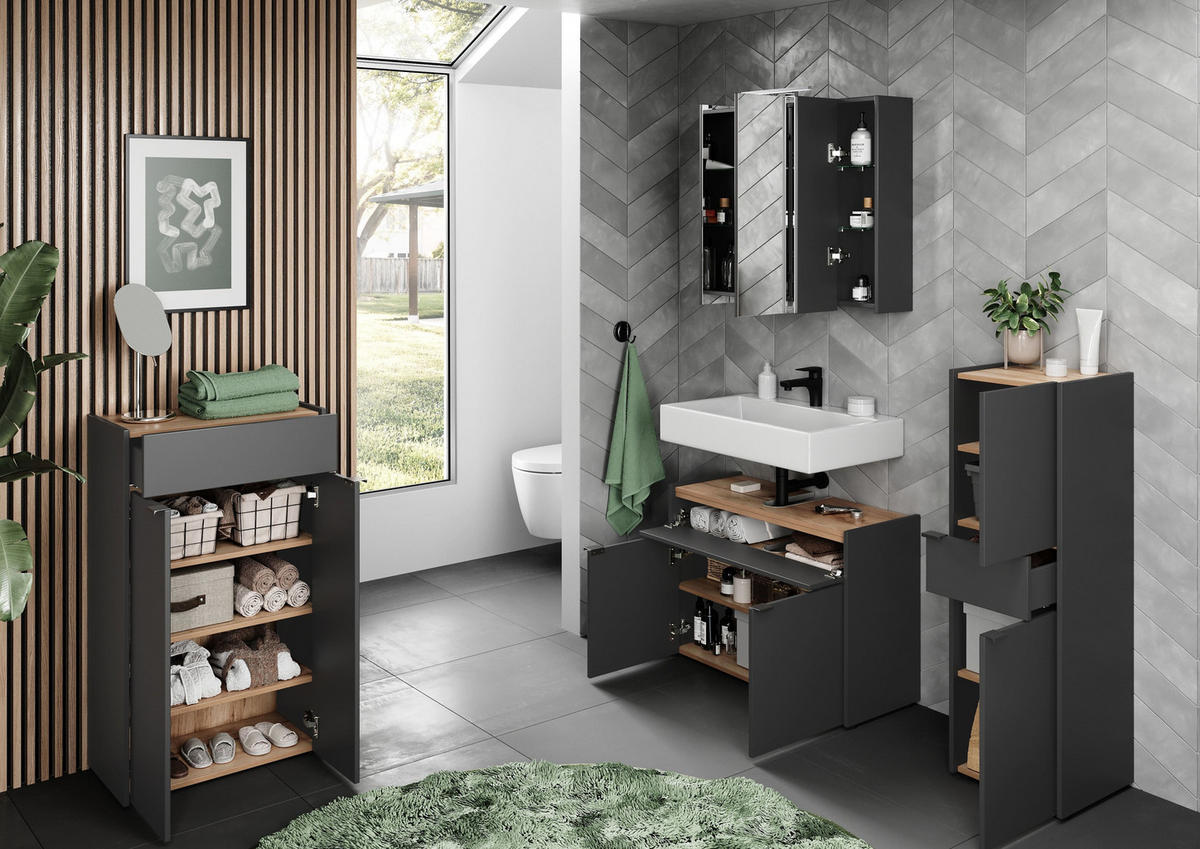 KOMMODE Kratzfest Eiche Schublade Bad AVIS, Grau-Beige 60x34x98 cm - Grau, Holz/Metall (60/98/34cm) - KADIMA DESIGN