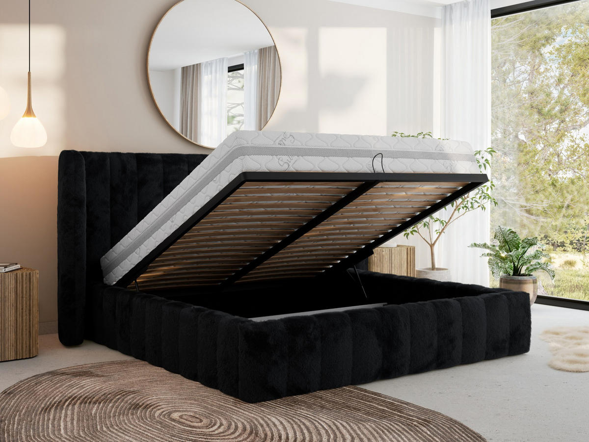 POLSTERBETT GOLETTA CLASSIC 140/200 - Schwarz Plüsch - Schaum-Matratze - Schwarz, Textil (140/200cm) - MKS