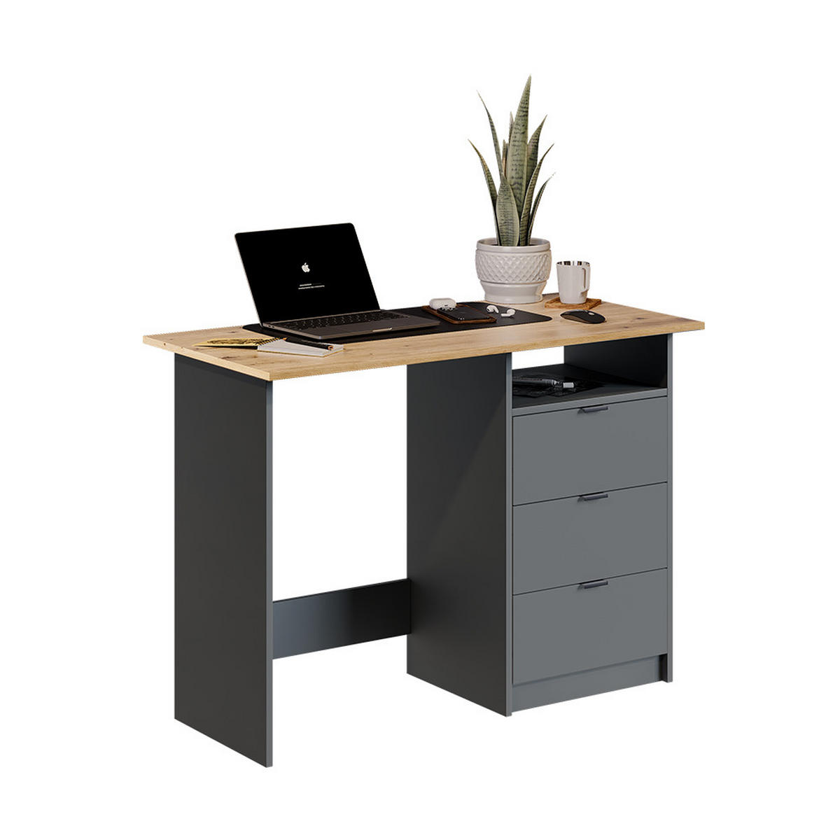 SCHREIBTISCH Meiko Anthrazit/Artisan 105 x 50 cm mit Schubladen - Anthrazit/Eiche Artisan, Holzwerkstoff (50/105/76.5cm) - Vicco