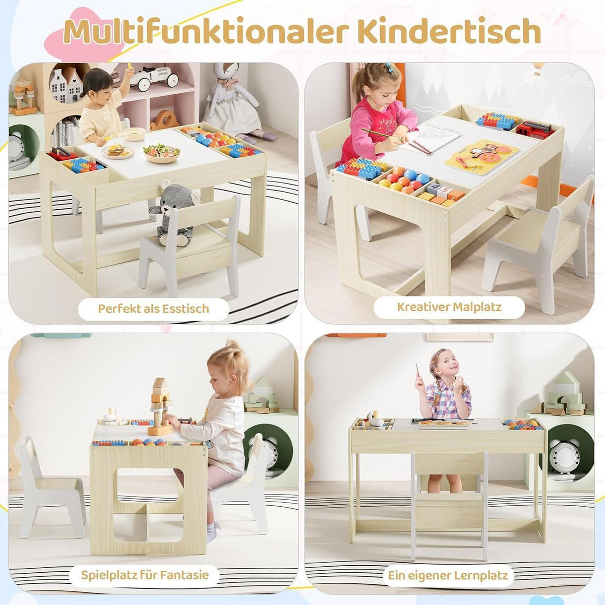 KINDERTISCH-STUHL-SET mit Stauraum Holzoptik mit Weiß 2-teiliges Set - Creme, Holzwerkstoff (48/48/80cm)