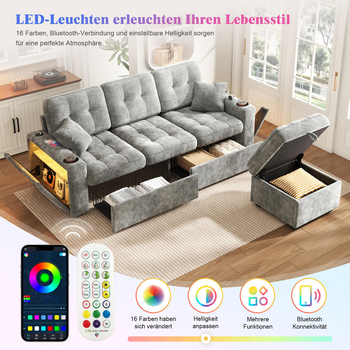 BIGSOFA aus Chenille mit USB-C, LED, Getränkehaltern und Stauraum - Dunkelgrau, Textil (194.5/83/133cm) - EVRYAE