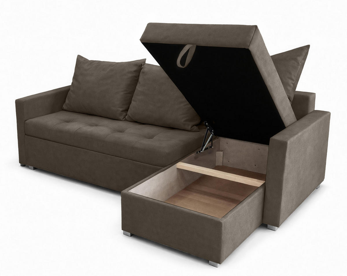 ECKSOFA Universelle L Form Elif Braun 220/140/85 cm stilvolle mit Schlaffunktion - Silberfarben/Braun, Kunststoff/Textil (220/140cm) - AX Living