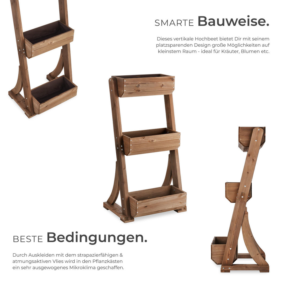 VERTIKALBEET Flora,inklusive Pflanzvlies, 60 x 49 x 140 cm,braun - Braun, Holz (60/140/49cm) - tectake