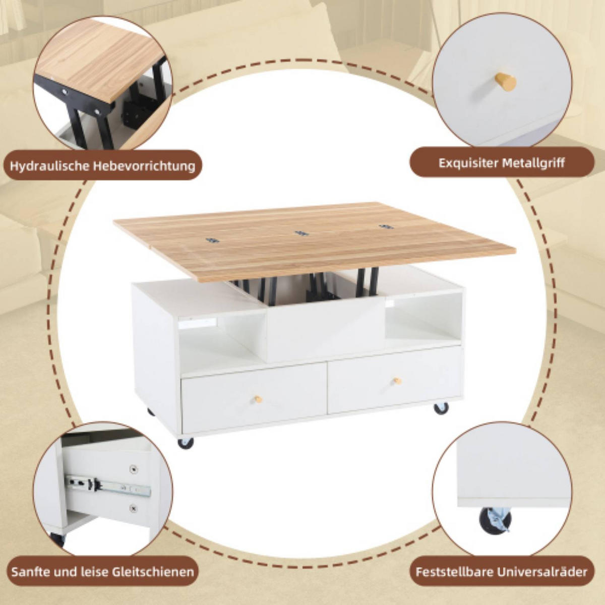 COUCHTISCH 100/50/47,5 cm mit klappbarer Oberfläche und 4 Schubladen, höhenverstellbar aus MDF in Holzfarbe - Naturfarben, Holzwerkstoff (100/50/47.5cm) - OKWISH