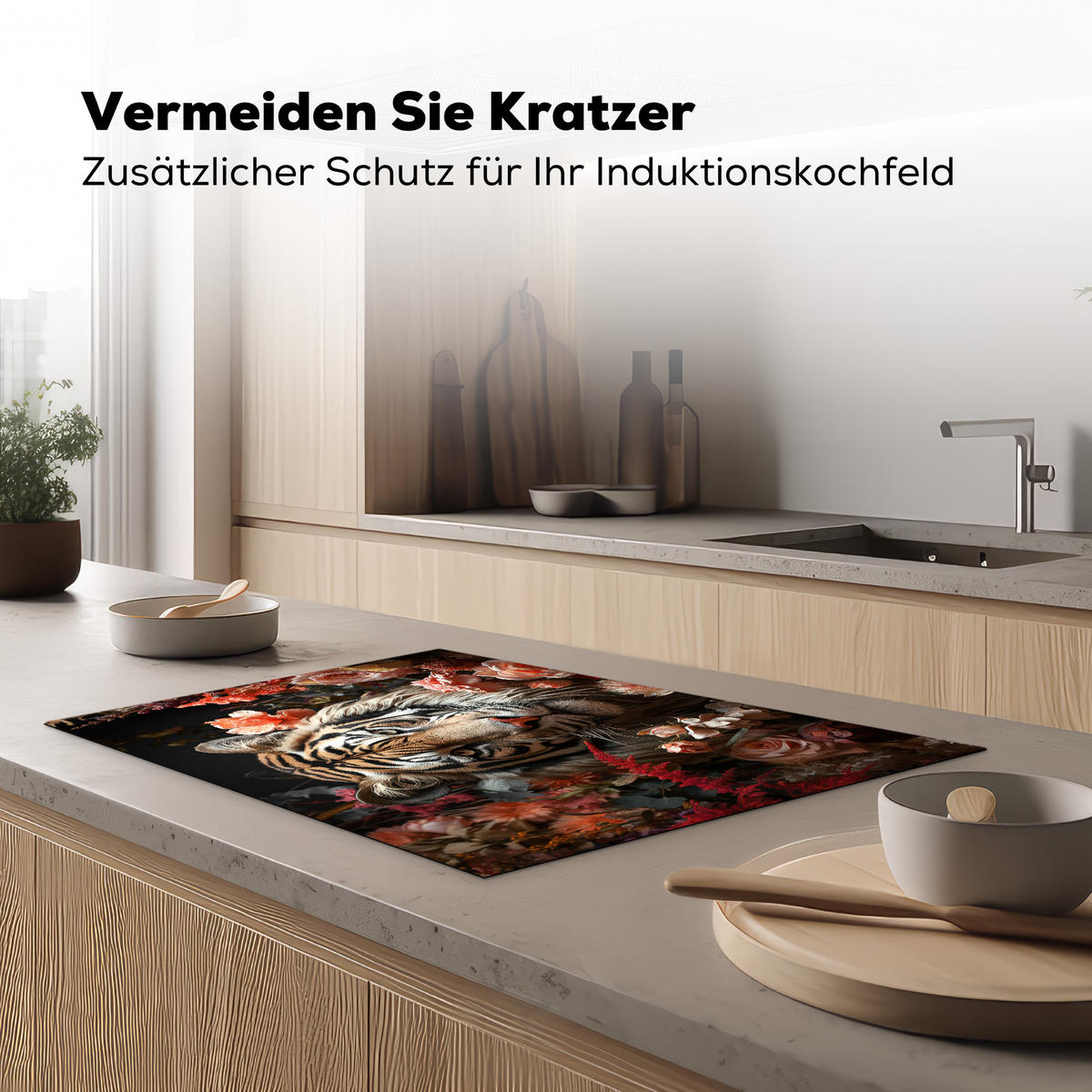 HERDABDECKPLATTE Tiger - Tier - Natur - Floral - Botanisch Induktionsmatte 77x51 cm - Orange, Kunststoff (77/51/0.2cm) - MuchoWow