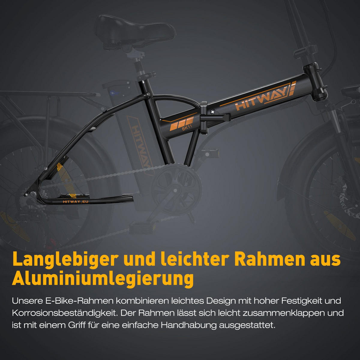 E-BIKE BK11 Klapprad 26 × 3,0 Zoll mit 36V12Ah Akku Max 35-90km - Orange, Metall (38cm) - HITWAY