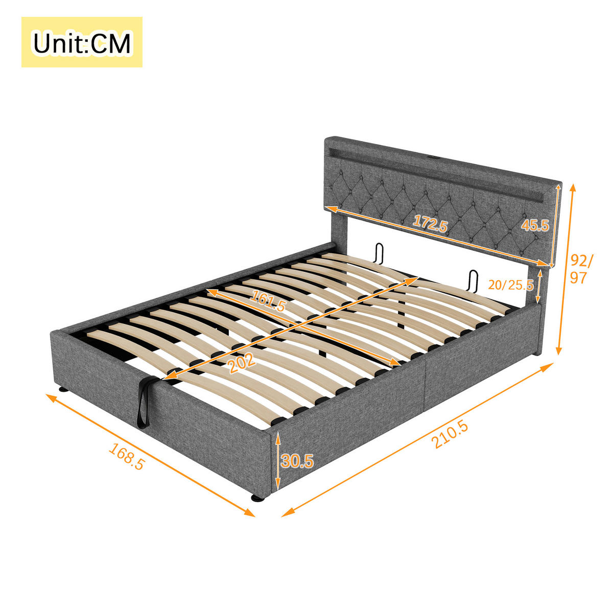 POLSTERBETT 160/200 cm Grau mit LED-Umgebungslicht und USB-Anschluss - Grau, Textil (160/200cm) - OKWISH