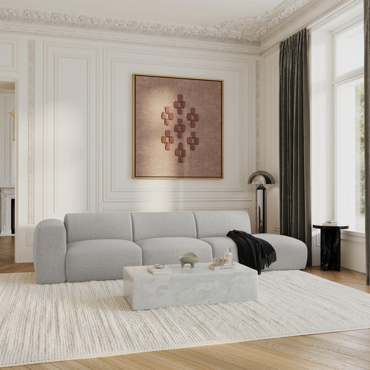 SOFA 5-Sitzer Rastergewebe Hellgrau 310cm - Hellgrau/Grau, Textil (310/73/96cm) - Sia Home