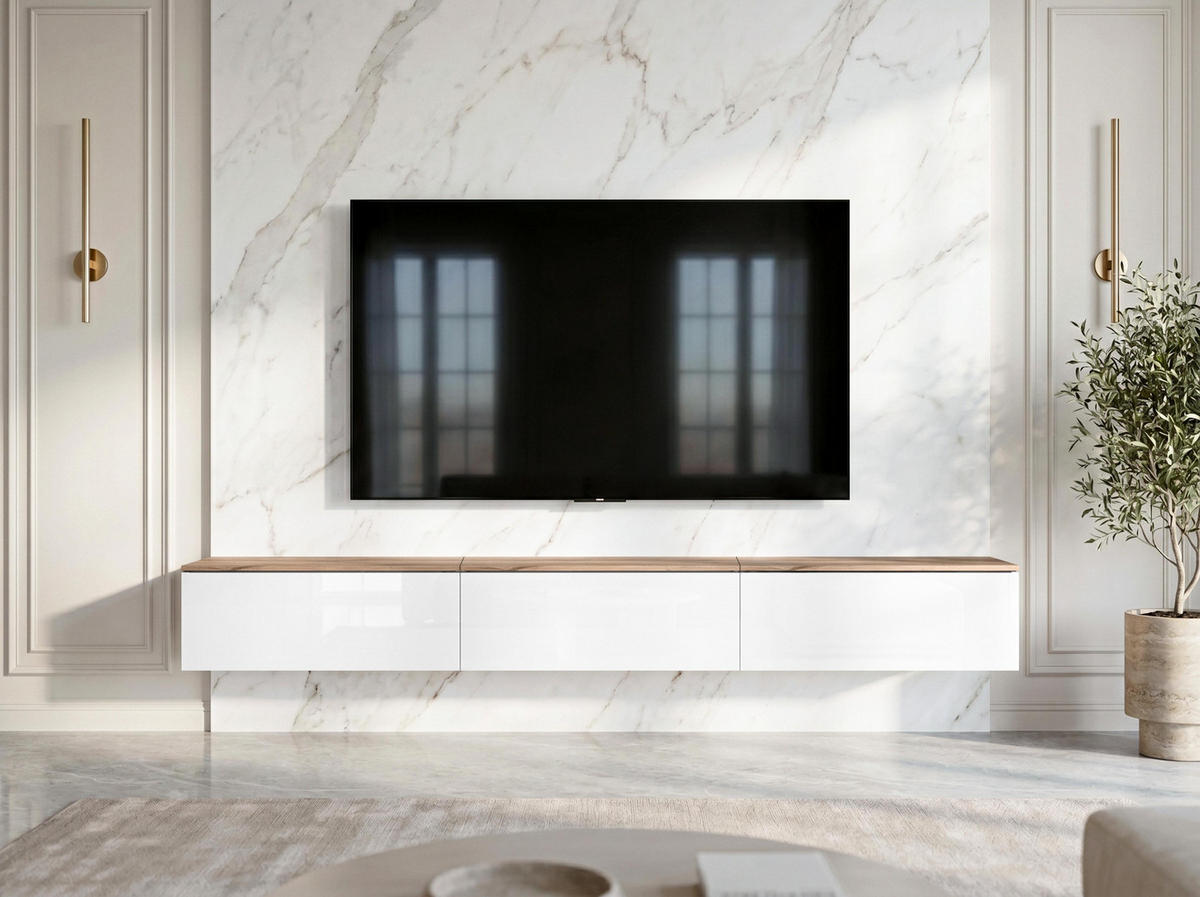 LOWBOARD Barvo 3x100 Eiche Wotan / Weiß Hochglanz 300/34/32 cm – hängendes TV-Board - Braun/Weiß, Holzwerkstoff (300/34/32cm) - AX Living