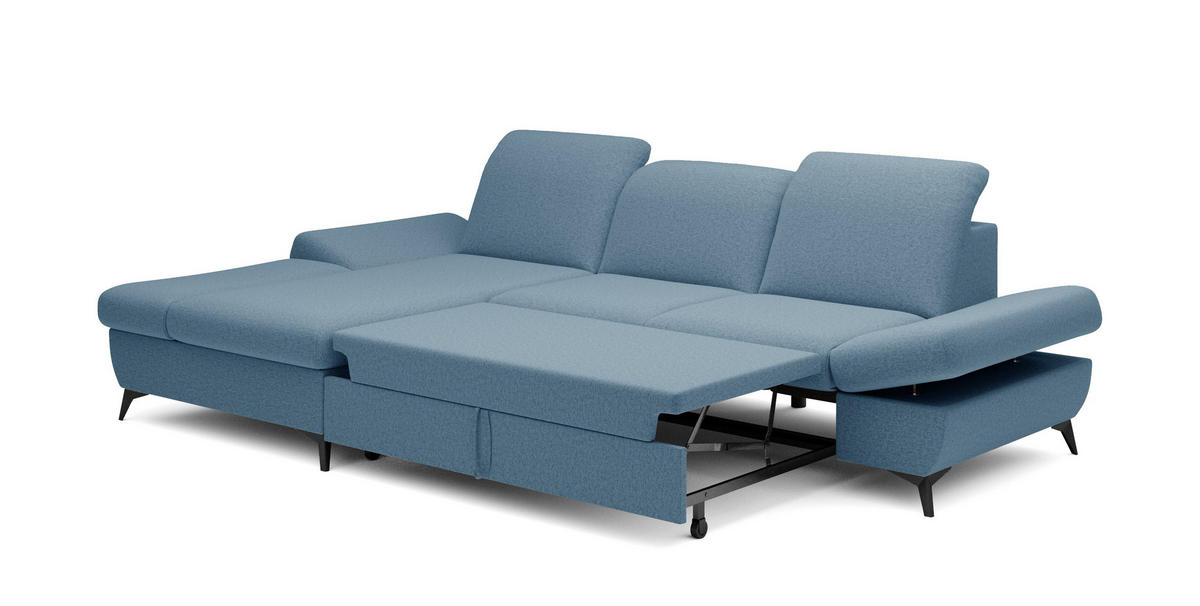 ECKSOFA FELICE L-S Blau Geflochtener Stoff mit Schlaffunktion - Blau, Holz (284/166cm) - MASSENO