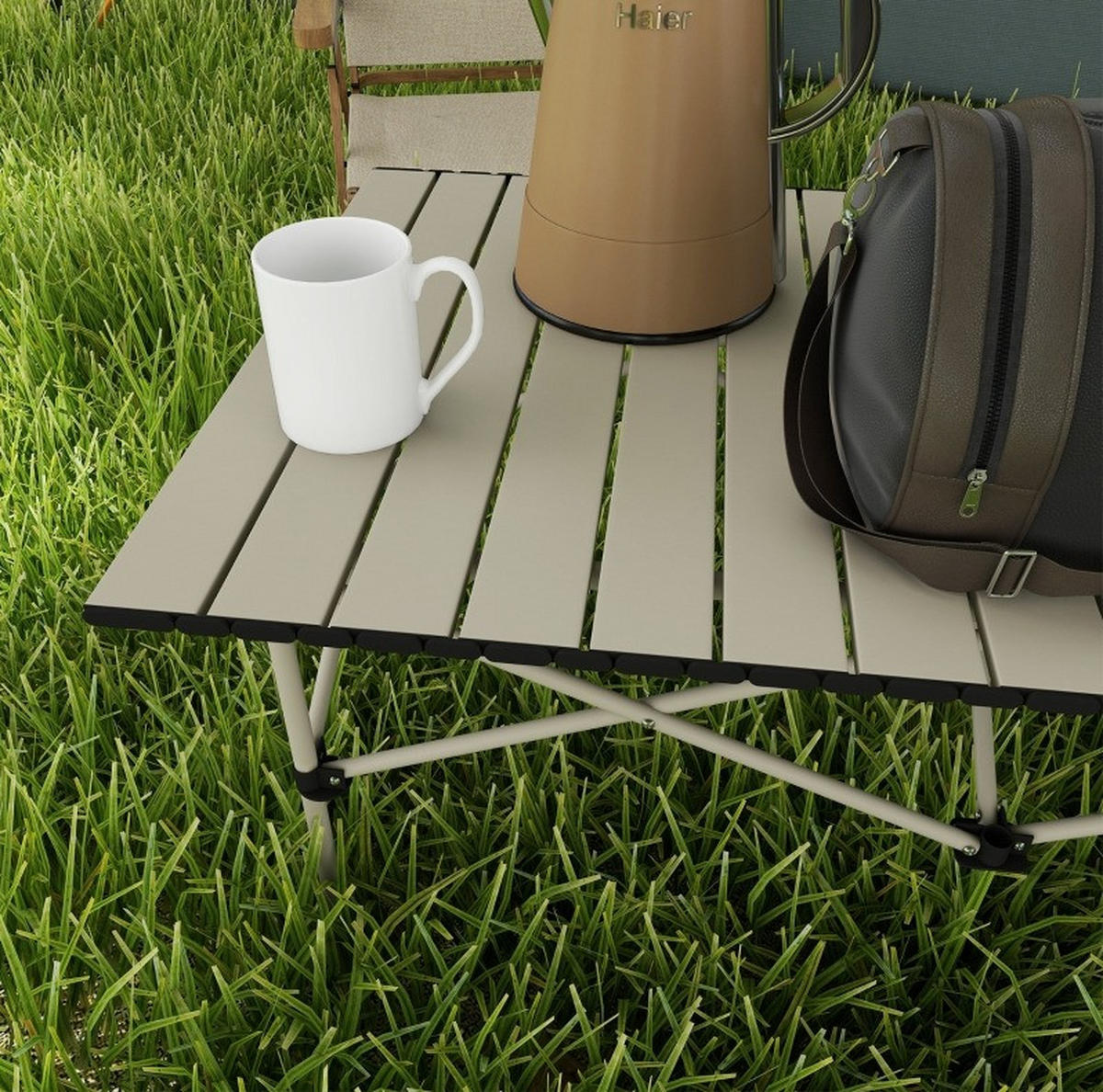 CAMPINGTISCH 95/55/50 cm klappbar mit rollbarer Tischplatte, X-Gestell aus Aluminium, Khaki - Beige, Metall (95/55/50cm) - Redom