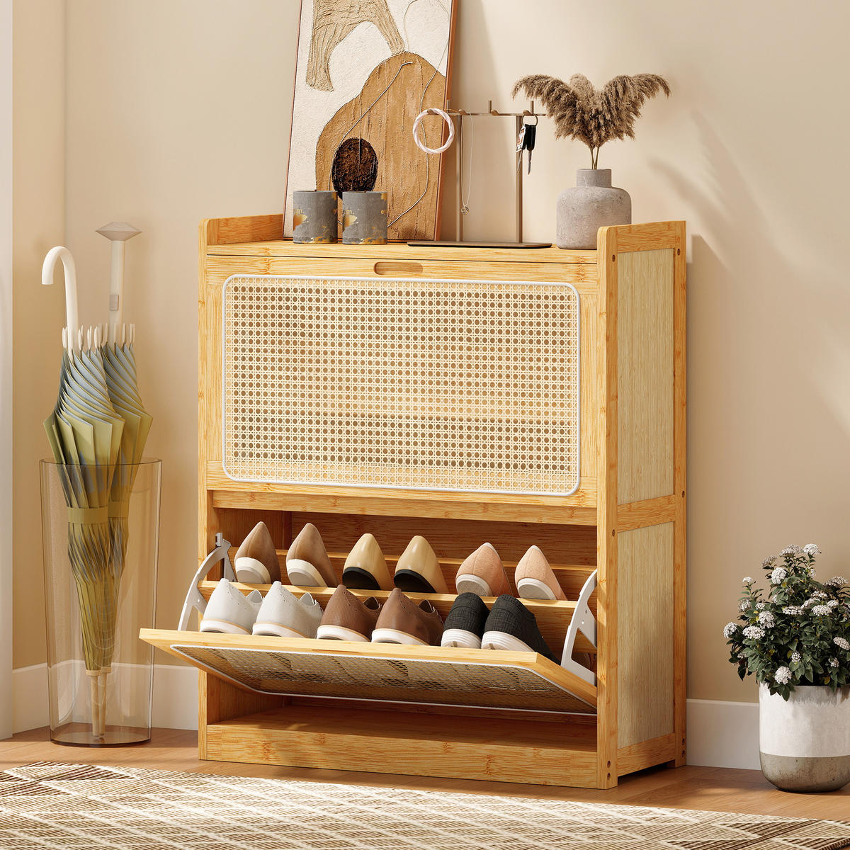SCHUHSCHRANK Natur Bambus klappbar mit Fächern 1 Stück - Naturfarben, Holz (69/83/29cm) - PANGIVO
