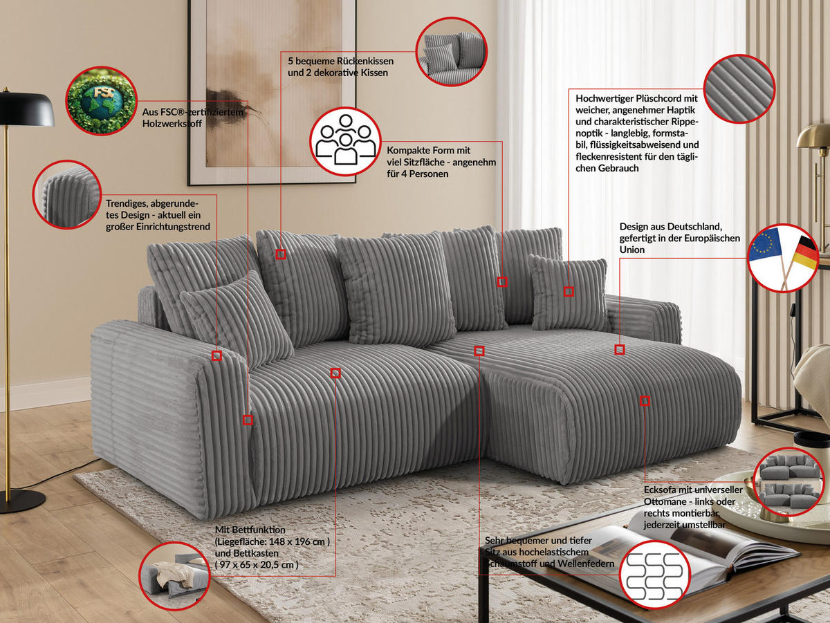 ECKSOFA Calma mit Schlaffunktion und Bettkasten im Bumpy-Design aus weichem Grau Plüschcord - Ottomane rechts - Schwarz/Grau, Holz/Kunststoff (140/239cm) - S-Style