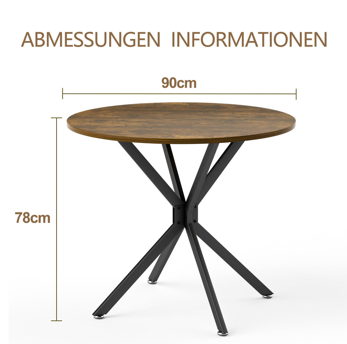 ESSTISCH aus Spanplatte und Stahl 90x90x78 cm Schwarz/Vintagebraun rund, platzsparend und pflegeleicht - Schwarz, Holzwerkstoff (90/90/78cm) - Modfu
