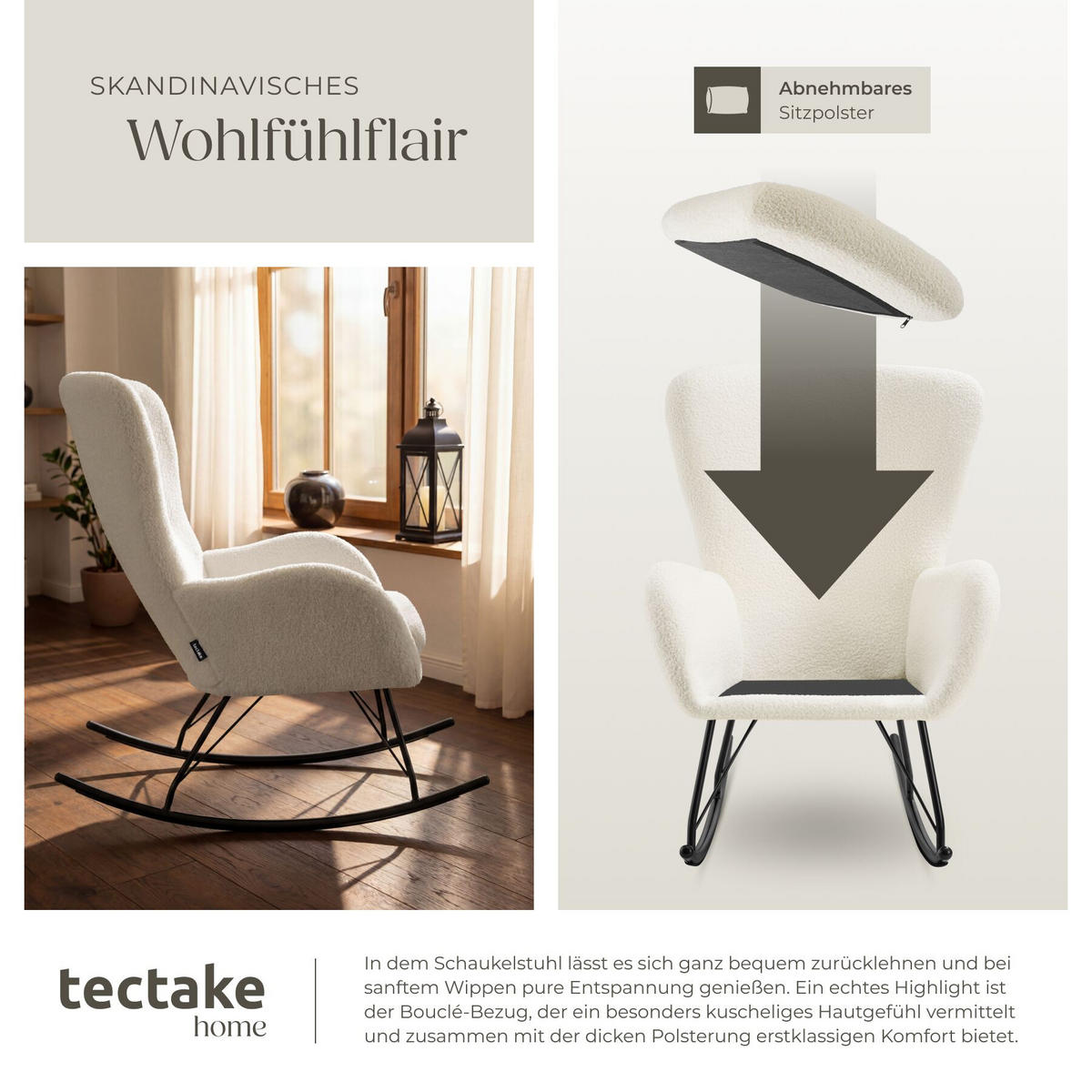 SCHAUKELSTUHL Swing, 70 x 93 x 100 cm, Belastbarkeit 120 kg, creme/schwarz - Creme/Schwarz, Kunststoff (70/100/93cm) - tectake
