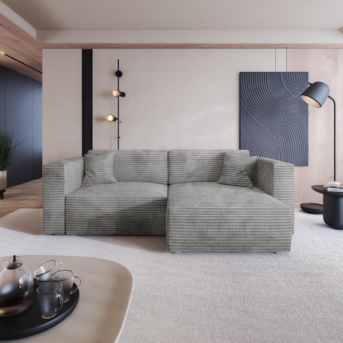 ECKSOFA NERIO Hellgrau Kordstoff mit Schlaffunktion - Grau, Holz (245/148cm) - MASSENO