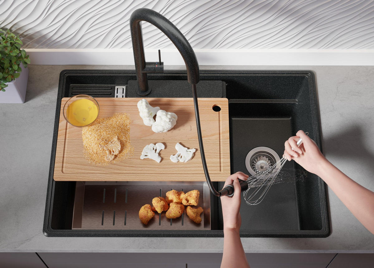 SPÜLBECKEN Paris, 2-er set Anthrazit 78/53 cm 2 Becken + Ablauf-Set + Küchenzubehörset ab 80er Unterschrank - Chromfarben/Edelstahlfarben, Kunststoff (78/20/53cm) - Primagran