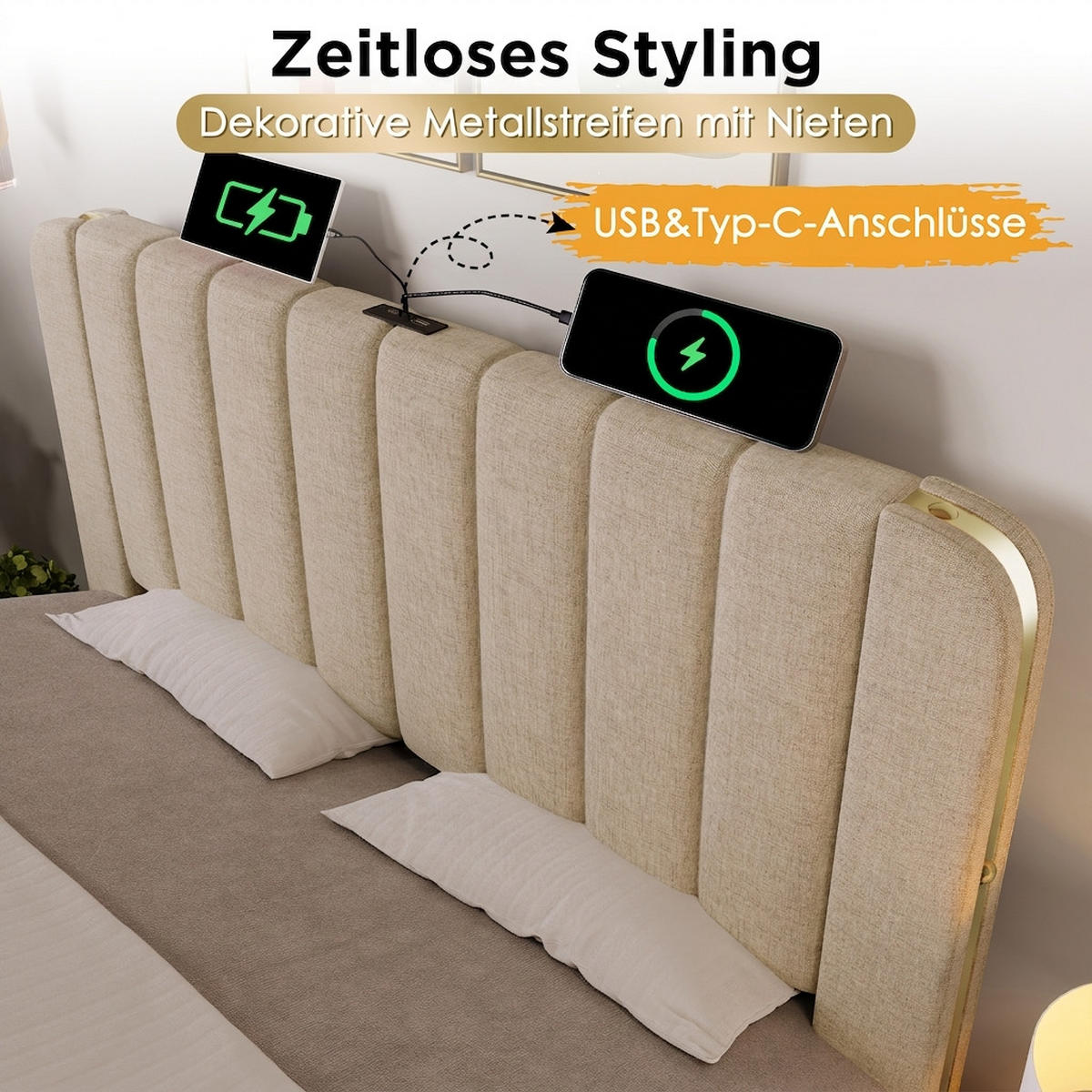 POLSTERBETT 140/190 cm Beige mit 4 Schubladen und USB Typ-C Ladefunktion - Beige, Textil (140/190cm) - Oxeza