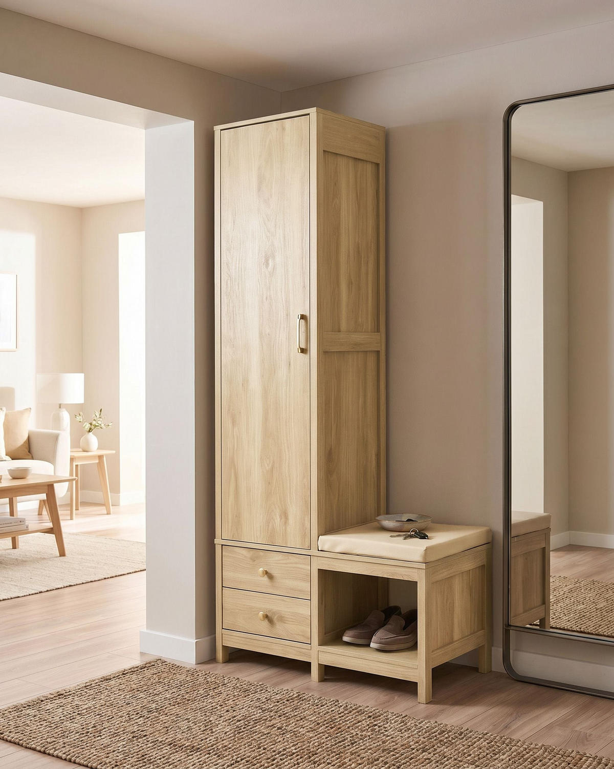 FLURSCHRANK mit Sitzbank Hellbraun Grafton - Hellbraun/Beige, Holzwerkstoff (80/180/45cm) - Beliani