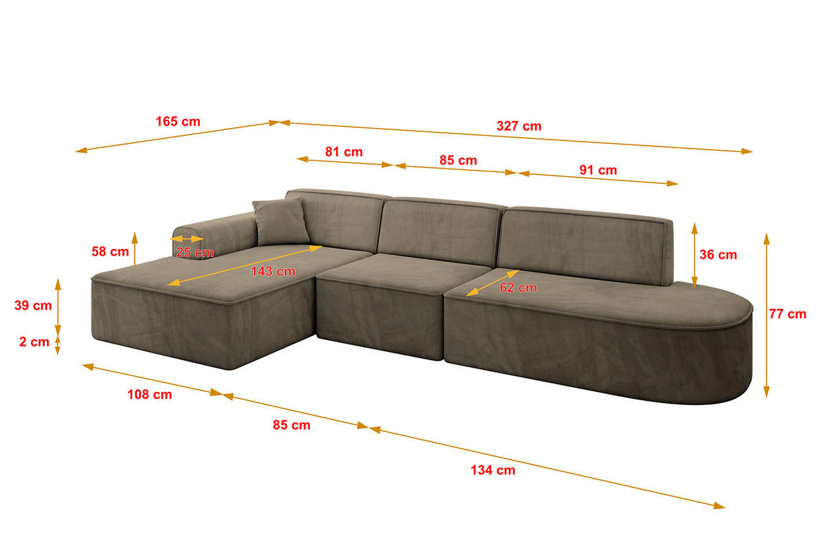 ROHOVÁ SEDAČKA s otomanem, levá IREA-L2-v3 327x165x77 Hnědá Velur - černá/hnědá, kompozitní dřevo/textil (328/171cm) - ALTDECOR