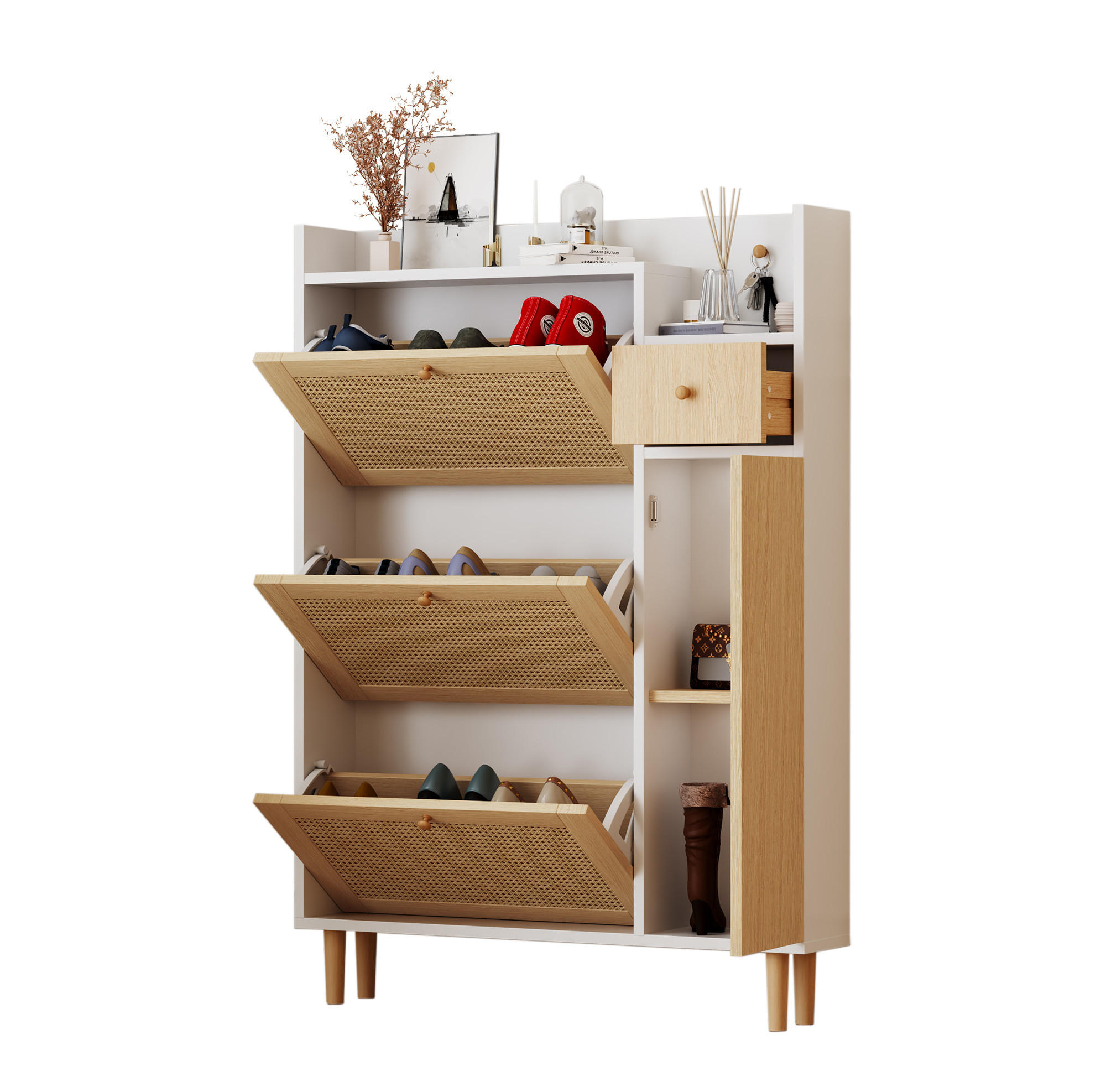 SCHUHSCHRANK 90/125/17 cm in Natur/Weiß mit 3 Klappen und 1 Schublade - Weiß, Holzwerkstoff (90/125/17cm) - Flora Grace