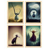 POSTER Set mit 4 Wald Tier im T Burton Goth Stil A3 Rahmen aus hellem Holz - Beige, Papier (29.7/3cm) - Nacnic