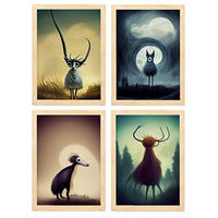 POSTER Set mit 4 Wald Tier im T Burton Goth Stil A4 Rahmen aus hellem Holz - Beige, Papier (29.7/3cm) - Nacnic