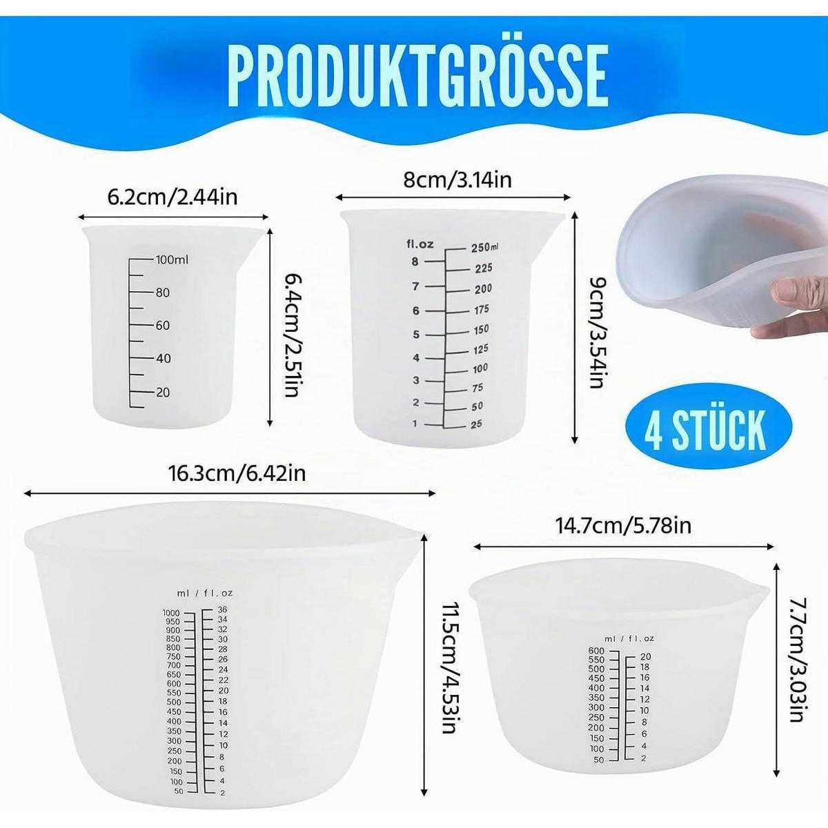 MESSBECHER 4-teiliges Set Silikon 1000/600/250/100 ml - Weiß, Kunststoff (1L)