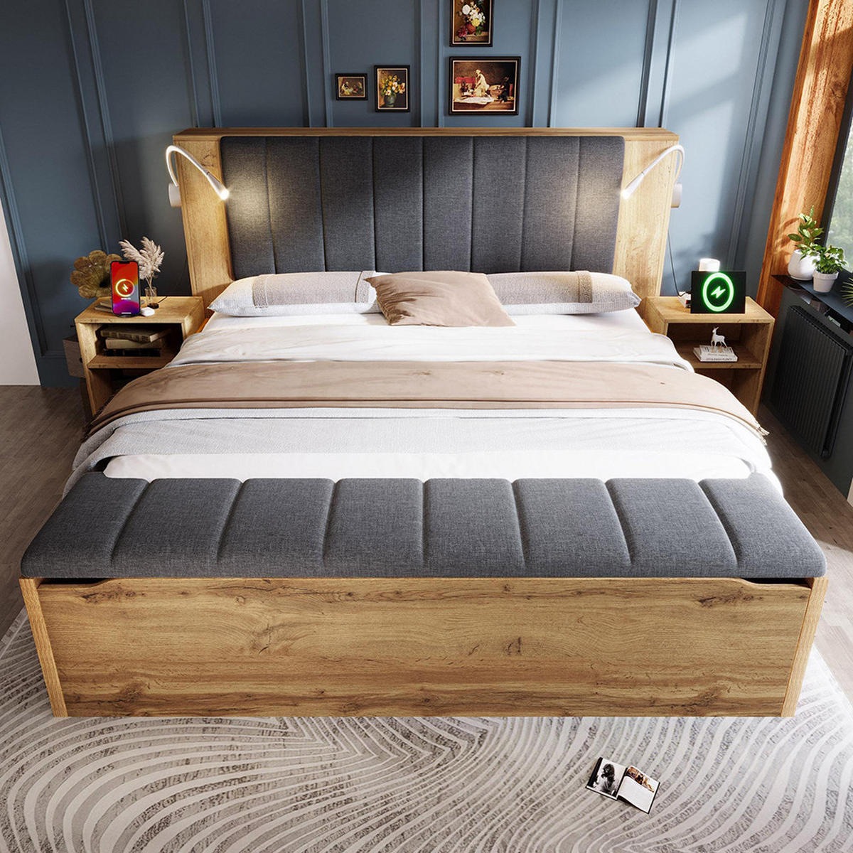 DOPPELBETT 160x200 cm in Eichenoptik mit zwei Nachttische, Mit Matratze - Eichefarben, Holz (160/200cm)