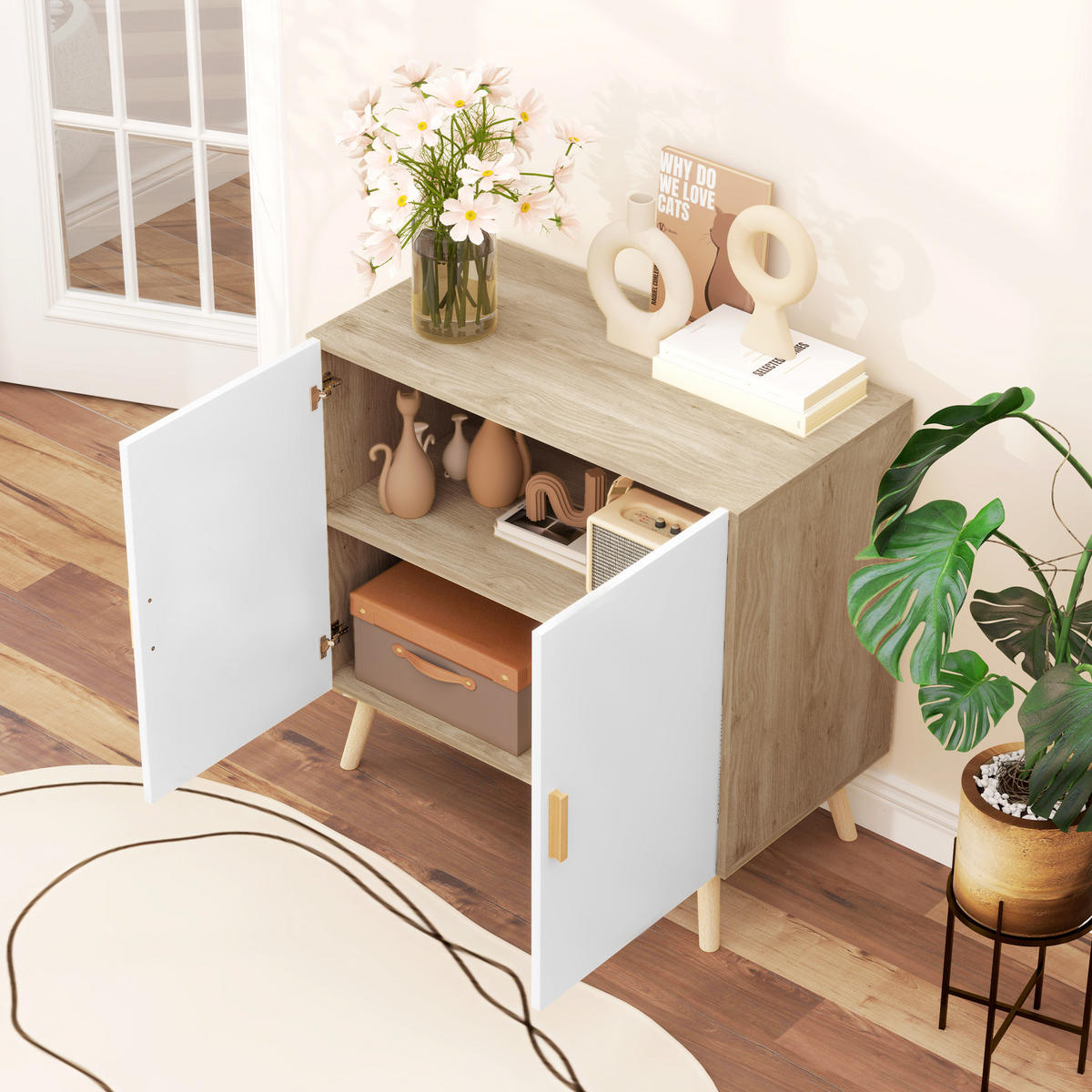 SIDEBOARD Weiß-Natur, Bambusgriffe, 76/41,2/74 cm - Naturfarben, Holz (76/74/41.2cm) - PANGIVO